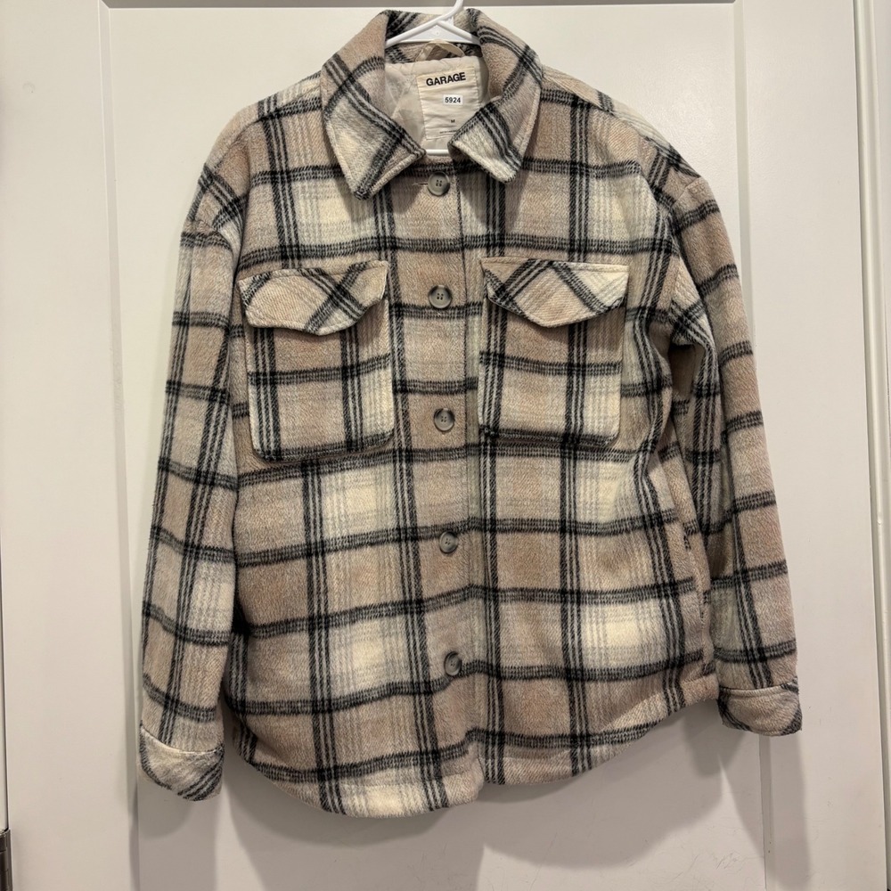 Garage Plaid Shacket Quilted Lined Wool Blend Button Front Jacket Tan Black M